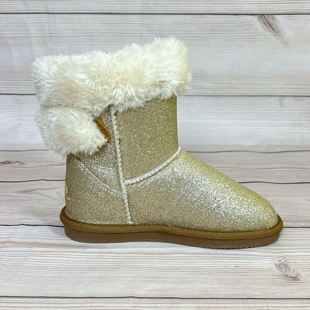 Lamo APRES Youth Winter Boots Girls 2Y Glitter Gold Slip-On Faux Fur Wrap Cuff